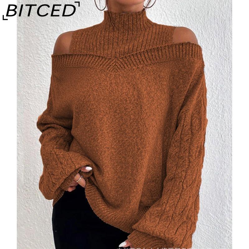 Damen Pullover mit offenen Schultern und halbem Stehkragen für Herbst/Winter - Gestricktes Oversize Top