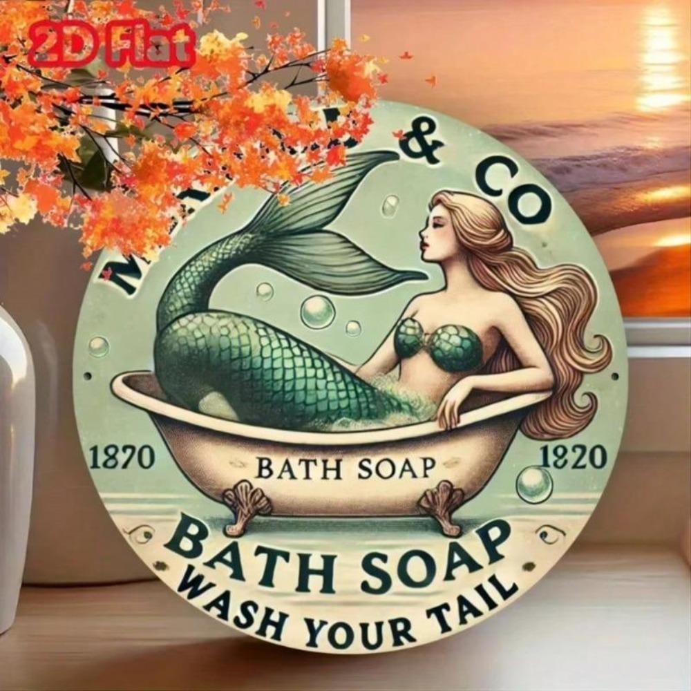 Vintage Tin Metal Sign Mermaid Bathroom Decor Rustic Farmhouse Wall Art