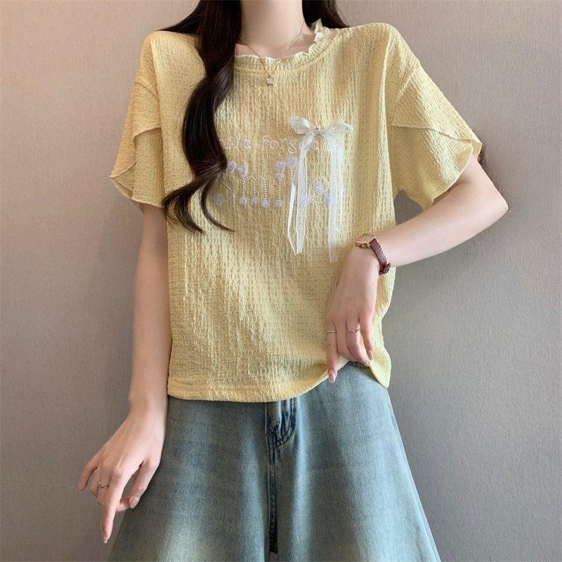 Women's Embroidered T-shirt Ladies Short Sleeved T-shirts with Letter Bow Design Korean Style Loose New Trendy Famale Crew Neck Top
