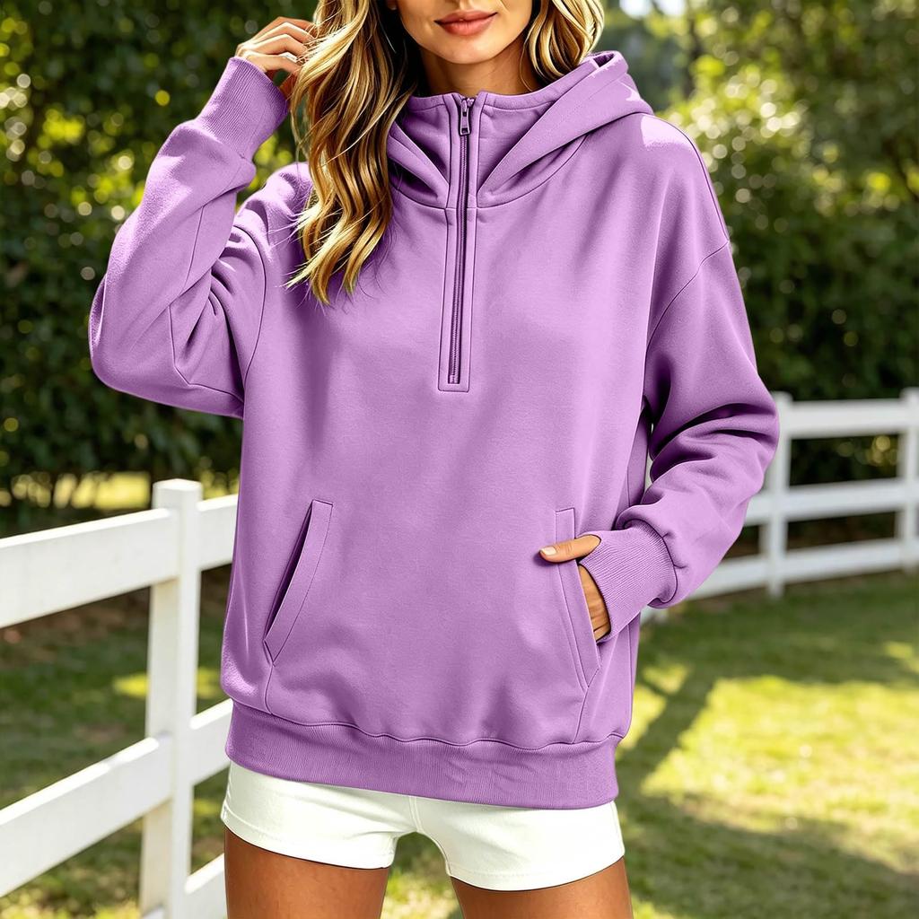Women's Loose Fit Half Zip Hooded Pullover Sweatshirt Long Sleeve
