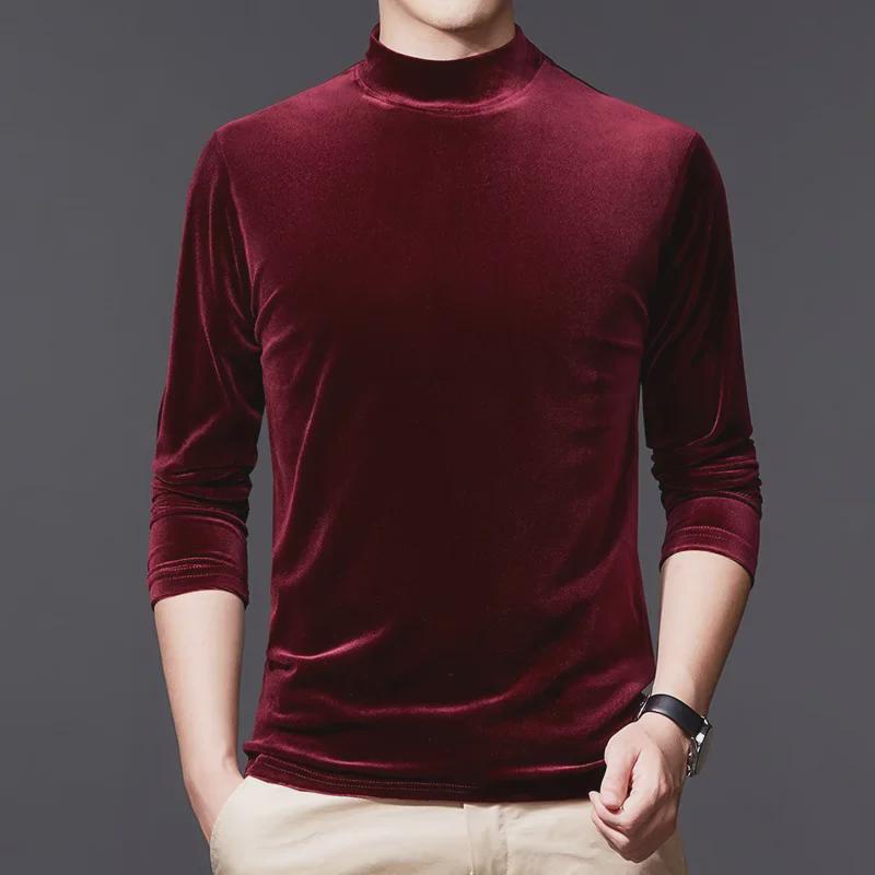 Ανδρική Χρυσή Βελούδινη Μπλούζα με Μισό Ψηλό Γιακά και Μακρύ Μανίκι για Φθινόπωρο/Χειμώνα 2022