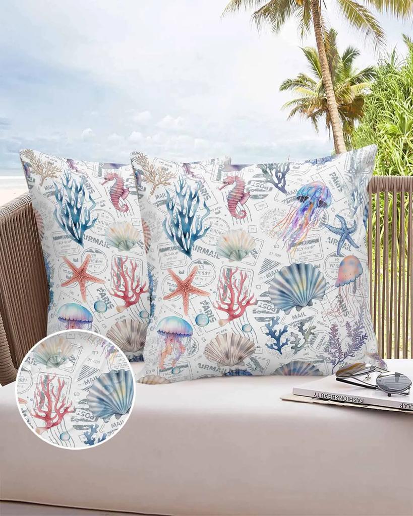 Marine Coral Shell Starfish 2/4PCS Outdoor Garden Chair Waterproof Cushion Cover Modern Home Decor 45/50/60cm Pillow Case