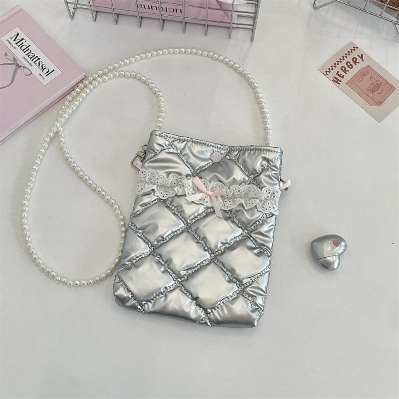 Pu Bow Padded Cotton Messenger Small Bag Mobile Phone Bag Pearl Chain Bag Portable Mini Cosmetic Bag