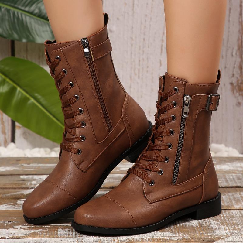 Fall New Vintage Soft Sole Mid-Tube Boots Versatile Round Toe Metal Buckle Side Zipper Flat Lace-Up Fashion Boots