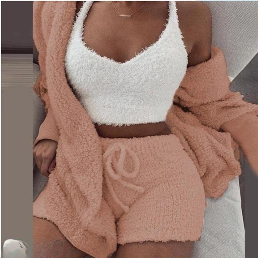 Women's Loose Fit Three Piece Loungewear Long Sleeve Fuzzy Cardigan V Neck Tank Drawstring Waist Shorts Winter Solid Tracksuit