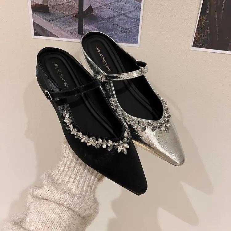 Fashion Silver Satin High Heels Pumps Summer Sandals Rhinestone Flat Strap Mid Shoes Spring Low Heels Slingbacks Female Shoes