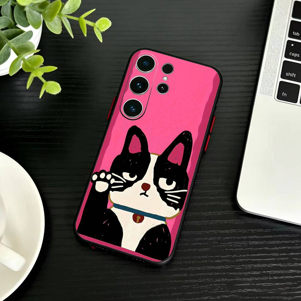 Striped Shirt Coffee Cat Phone Case For Samsung S26,S25,S24,S23,S22,S21,S20,Ultra,Plus,FE Black Soft Cover