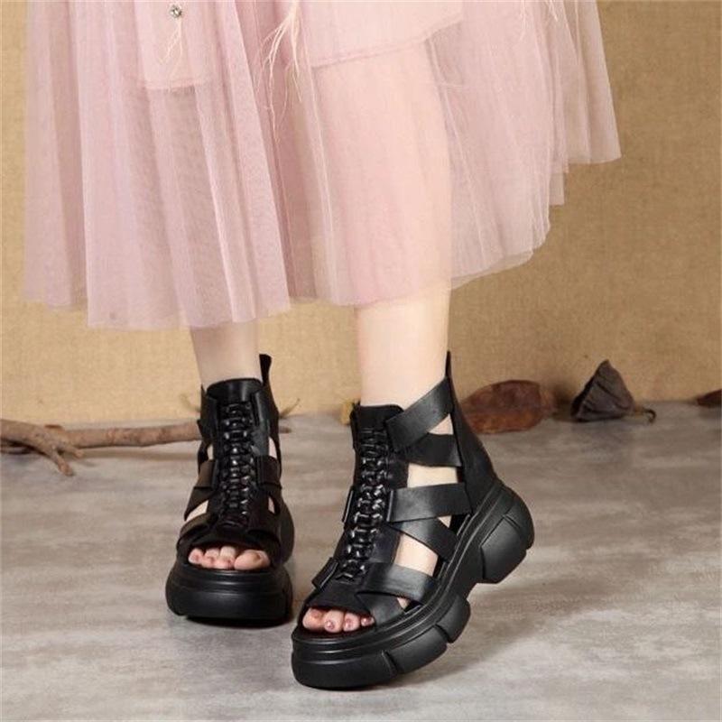 

New spring and summer retro ethnic wind slope heel soft leather cool boots women s sandals waterproof table high heel Roman fish mouth sandals 35