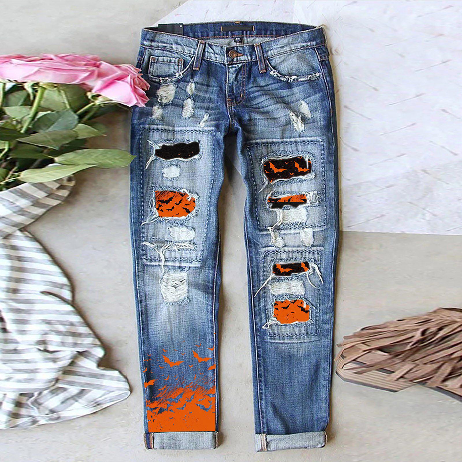 Women s Mid-Waist Hole Print Casual Straight Washed Denim Pants S