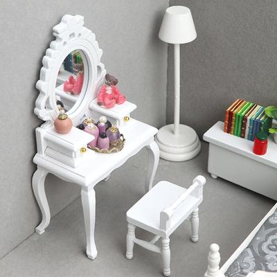1:12 Dollhouse Miniature Wooden Makeup Dressing Table With Stool Dressing Cabinet Storage Cabinet Dolls Bedroom Bathroom Furniture Decor