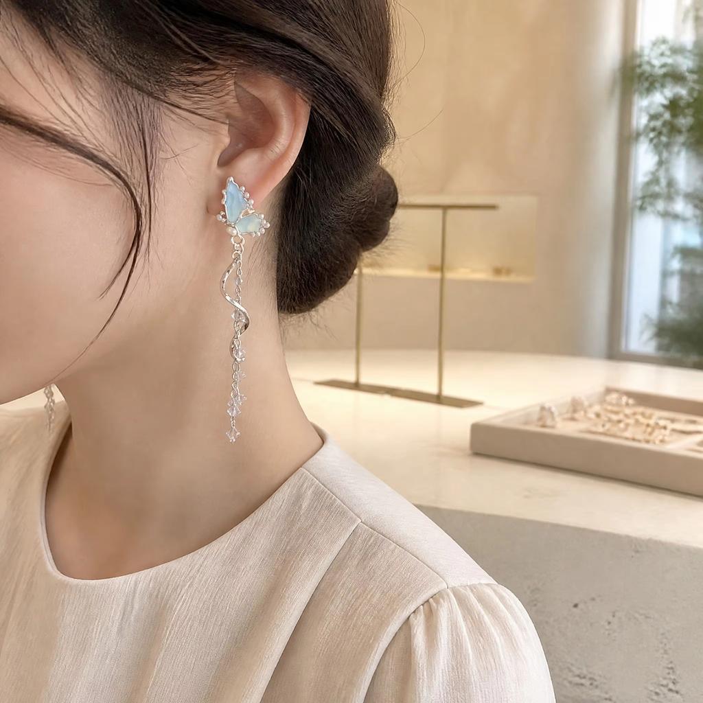 Light Blue Trendy Geometric Stud Earrings for Women Elegant High-End Luxury Style Alloy Silver Plated Party
