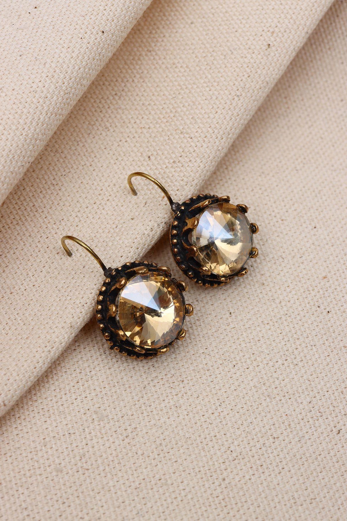 

Аутентичные серьги с круглым камнем большого размера медового цвета