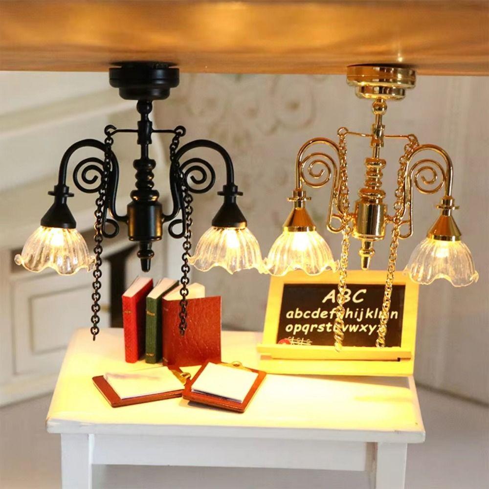 Battery Operated Dollhouse Chandelier Model Creative Mini Gothic Desk Lamp Lighting Accessories