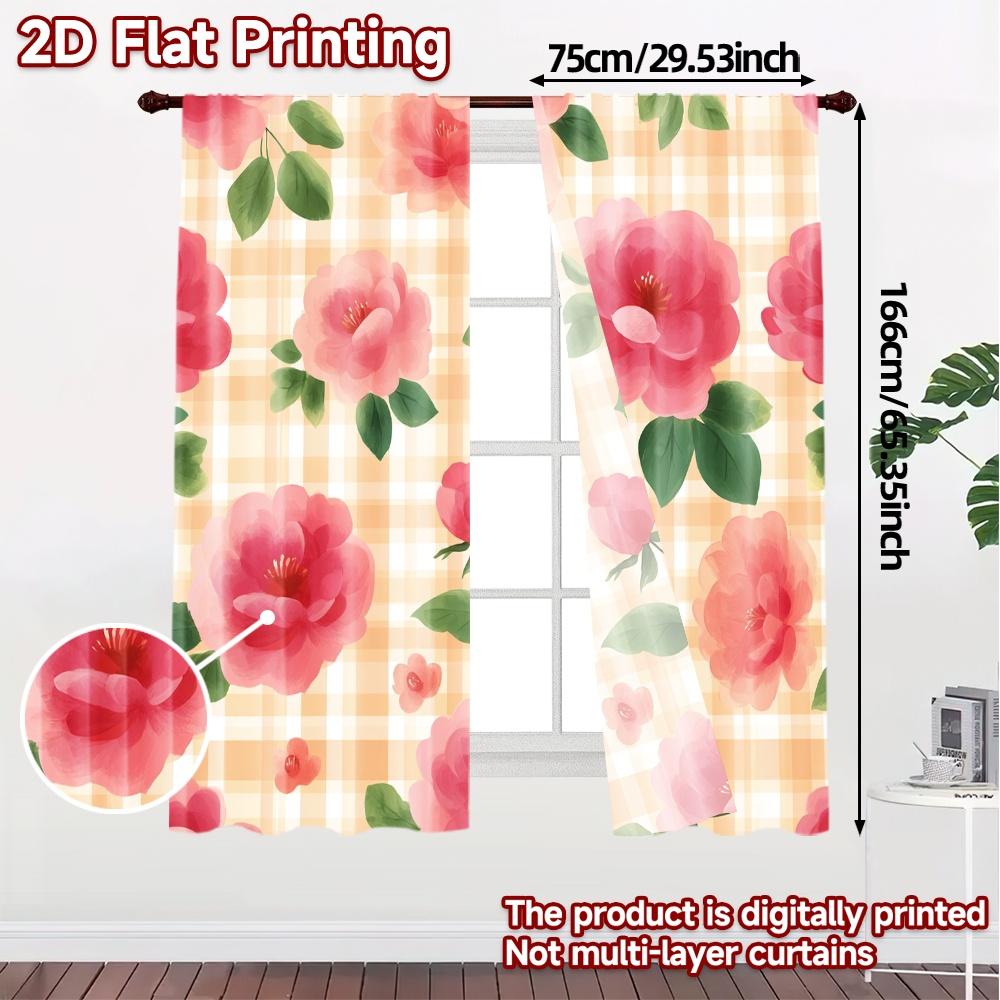 2D FLAT PRINTING 2pcs Curtains (Without Rod) Floral Pink Rose Design April Fools is Day Festival Creative Curtains Semi-Sheer