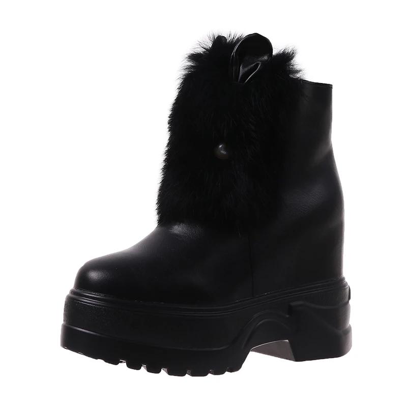 New Chunky Boots Women Rabbit Fur Waterproof High Platform Warm Sneakers Winter Leather Snow Boots 9.5CM Thick Sole Ankle Boots
