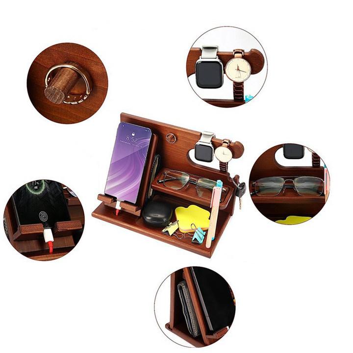 Wooden Bedside  Wood Phone Docking Station  Holder Wallet Stand Watch Storage Rack Valentines Multifunctional Wooden phone stand