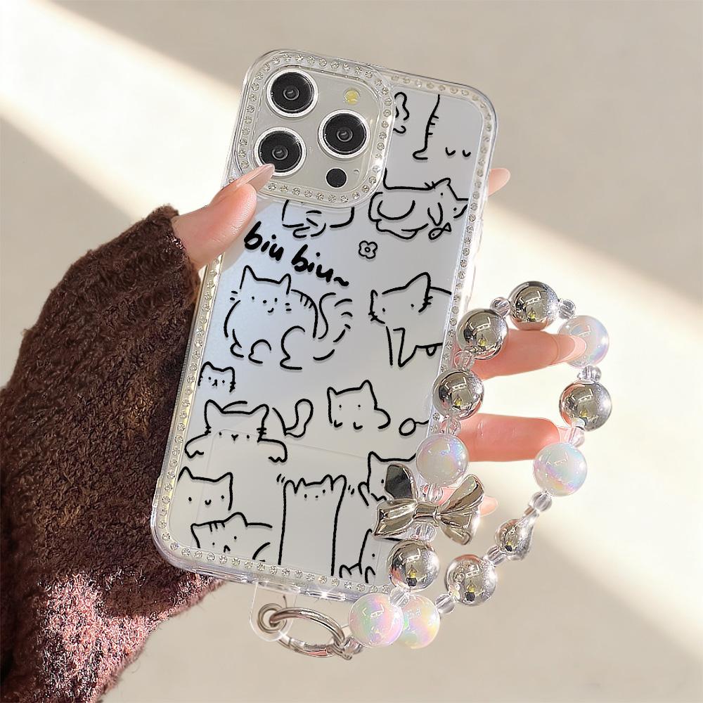 Bracelet Chain Phone Case For iPhone 17 16 15 13 14 for 17Air 17 12 14 16 Pro 17 14 16 Pro Max Sparking Diamond Cute Pattern Hard Cover With Lanyard