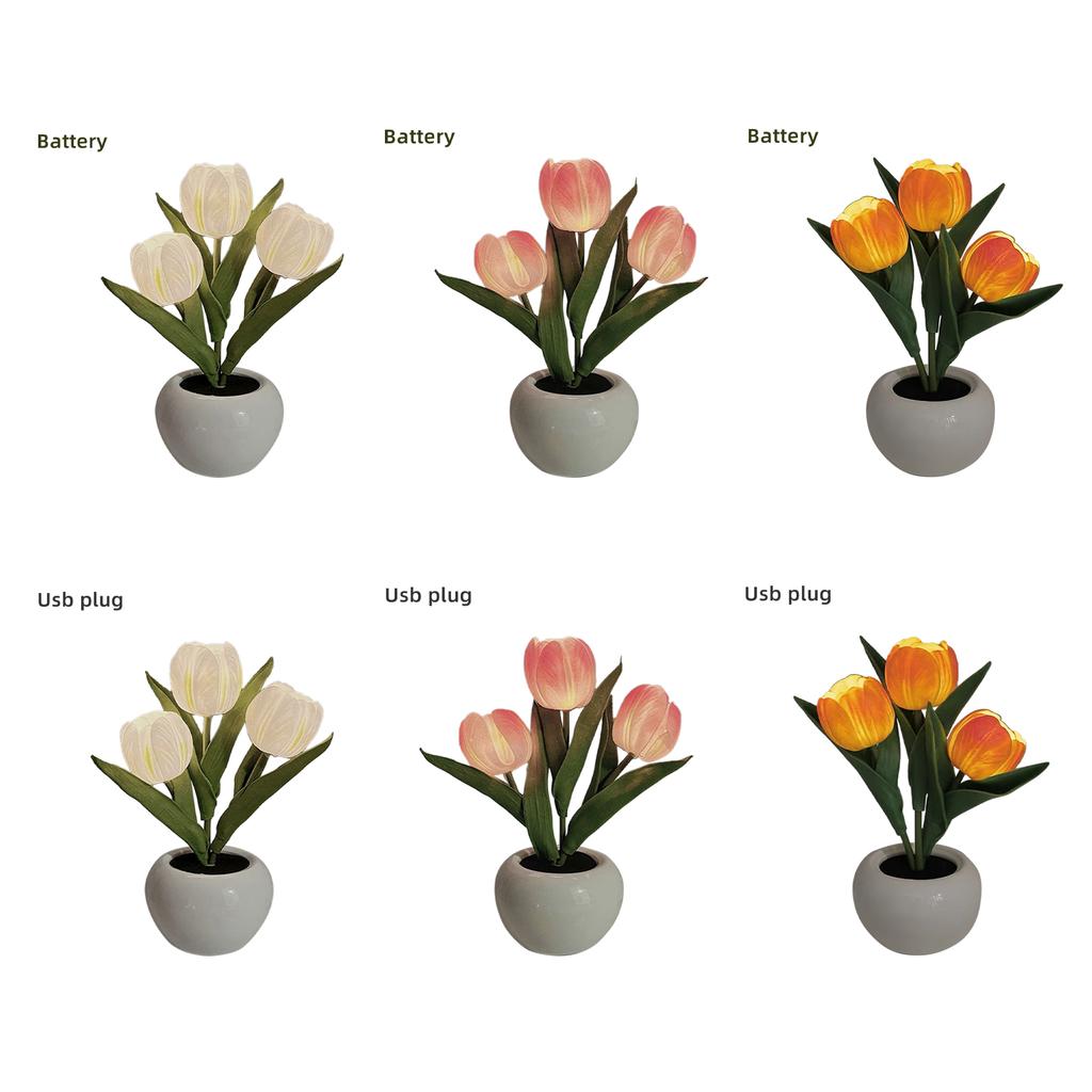 Pink Ceramic Base LED Three Tulip Night Light Artificial Flower Pot Bedroom Bedside Lamp Gift For Best Friend Ins Girly