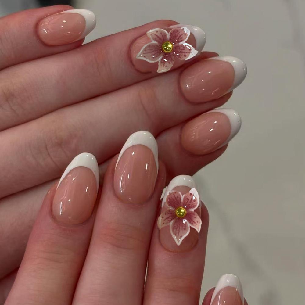 24pz Adesivi per Unghie in Gel 3D Ovali Corti, Crea Nail Art Fiore di Perla, Unghie Finte Acriliche French, Misura Corta Perfettamente Adatta Fal