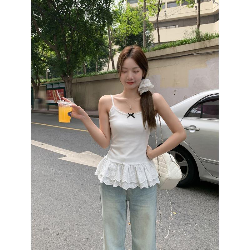 White Lace Splicing Sling Vest Women's Summer New Bow Slim Slim Top