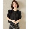 Bailuyu Pleated Puff Sleeve Round Neck Blouse