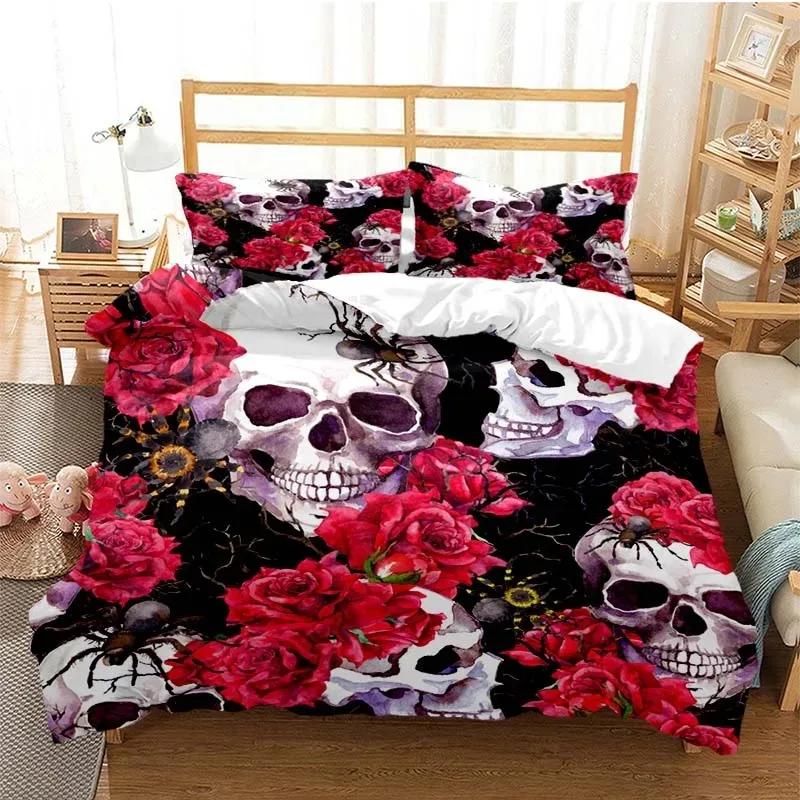 Socker Skalle Påslakanset Queen Size Blommor Skelett Sängkläder Dubbelt Sängklädesset Med Örngott King Size Skalle Täcke