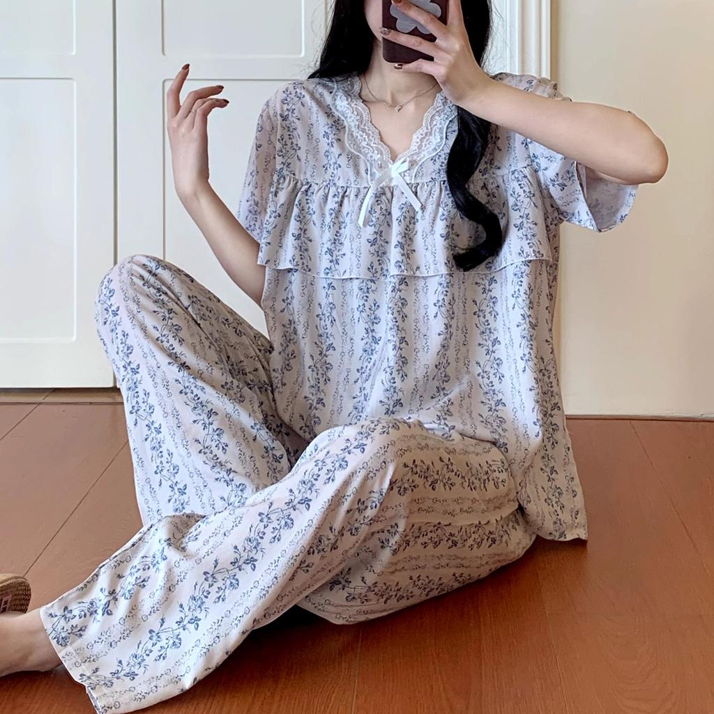 Short-sleeved Trousers Cotton and Silk Pajamas Women's Summer Thin Suit Japanese Sweet Anti-bumps Can Be Worn Outside Cotton Silk Loungewear