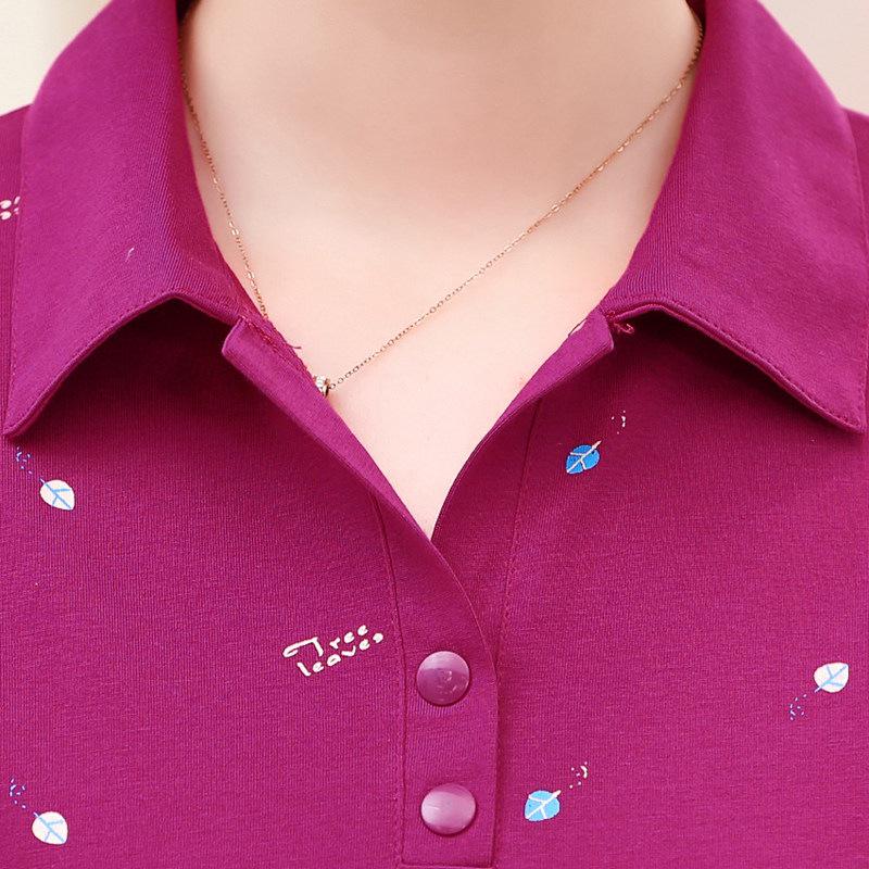 Autumn Cotton Lapel T-shirt for Middle-aged & Elderly Women - Long-Sleeve, Loose Fit, Plus Size