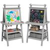 3 In 1 Kids Easel Double-Sided Magnetic Whiteboard and Chalkboard with Paper Roll, Storage Baskets - Grey
