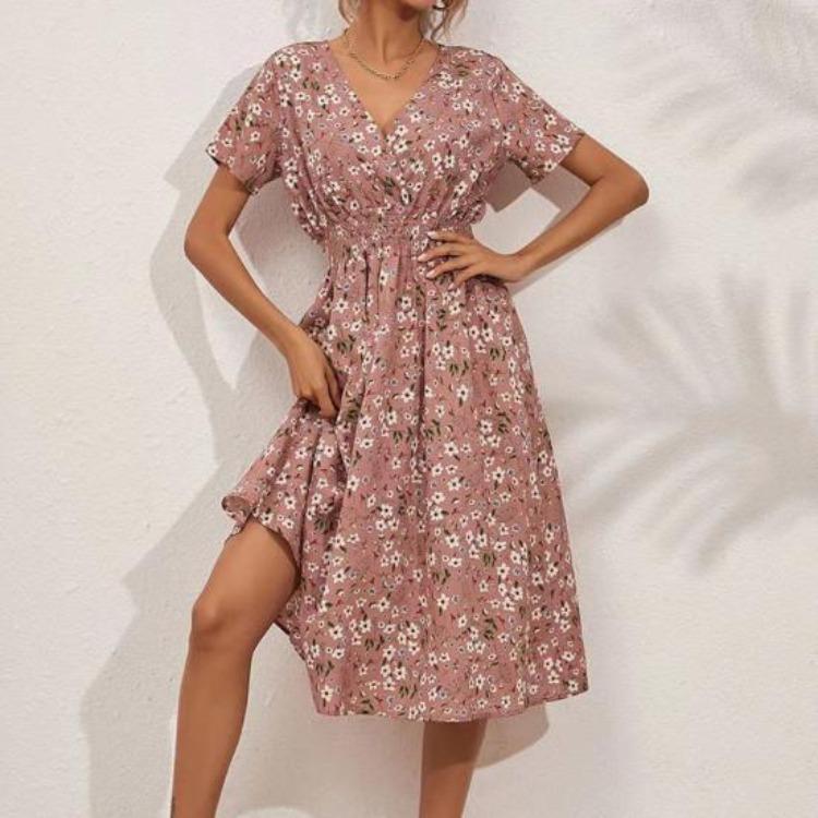 Summer Vacation Floral Print V Neck Loose Dress for Ladies