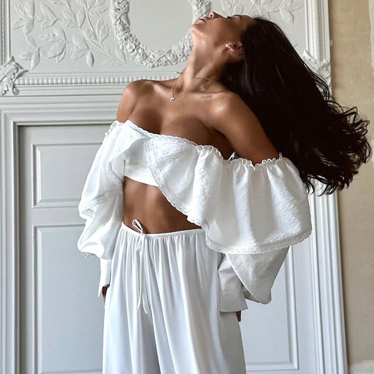 women's Ruffle Lace Trim Square Neck Cropped Top Long Puff Sleeve Tie Back Blouse Shirt
