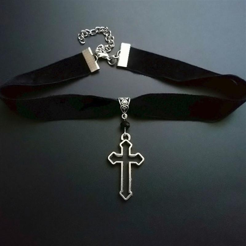 Gothic Velvet Choker Necklace Cross & Ankh Pendant Vintage Dark Style Jewelry for Women Daily & Party Wear Style 1