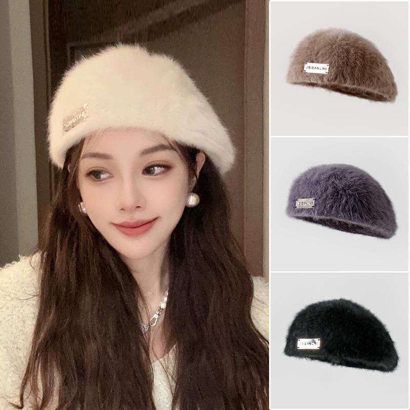 Autumn and Winter Warm Rabbit Fur Hat Women's New Anti-wearing Beret Retro Versatile Dual-purpose Forward Hat Solid Color Painter