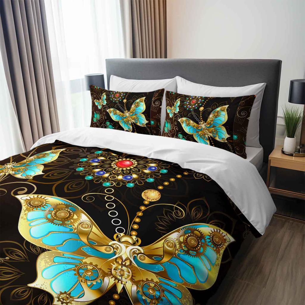 3pcs Luxury Teal Golden Butterfly Bedding Set Bohemian Butterfly Quilt Cover Set Bohemian Themed Duvet Cover Set