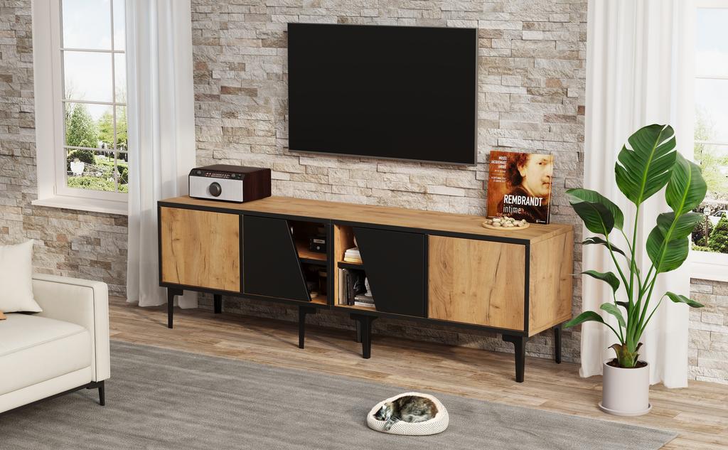 160 x 36.5 x 45 cm TV Cabinet Living Room with 4 Compartments, 7 Legs, in Modern Minimalist Design, Suitable for 65-Inch TVs, Natural Wood Color