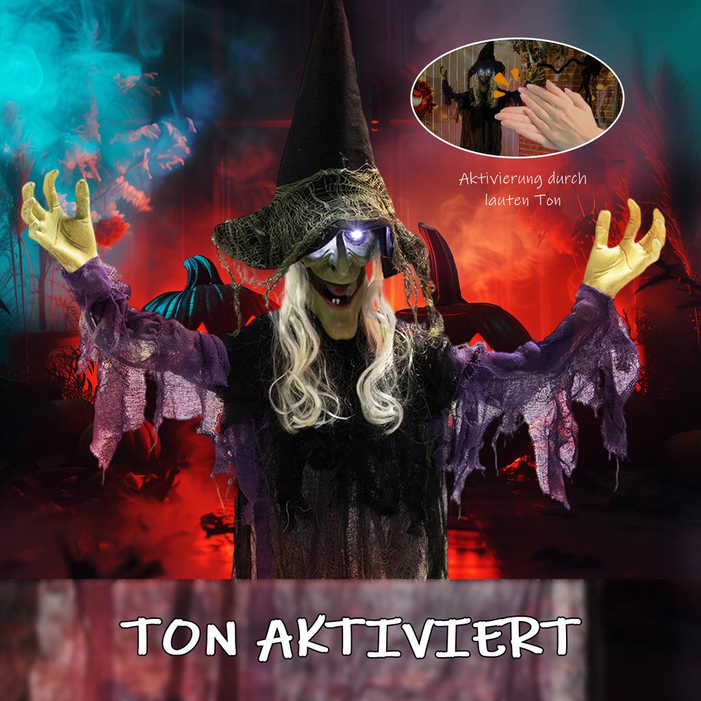 183cm Halloween Decoration Hanging Halloween Witch with LED Lights, Sound Function, Adjustable Arms, Mouth
