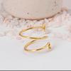 Bohemian Gold Spiral Coil Ring: Wide adjustable wire wrap ring with opposing scroll ends, perfect for a statement or toe ring.