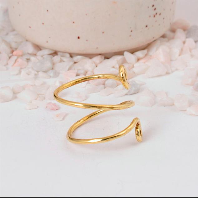 Bohemian Gold Spiral Coil Ring: Wide adjustable wire wrap ring with opposing scroll ends, perfect for a statement or toe ring.