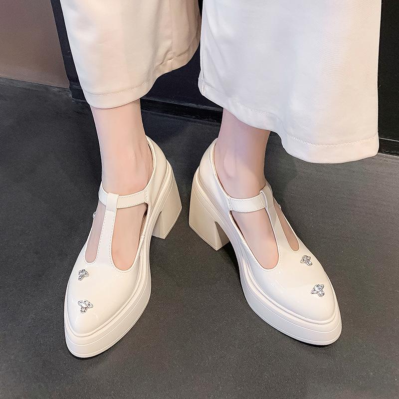 10CM red super high heel waterproof table single shoes college style fashionable versatile round head thick sole thick heel T-strap women's shoes