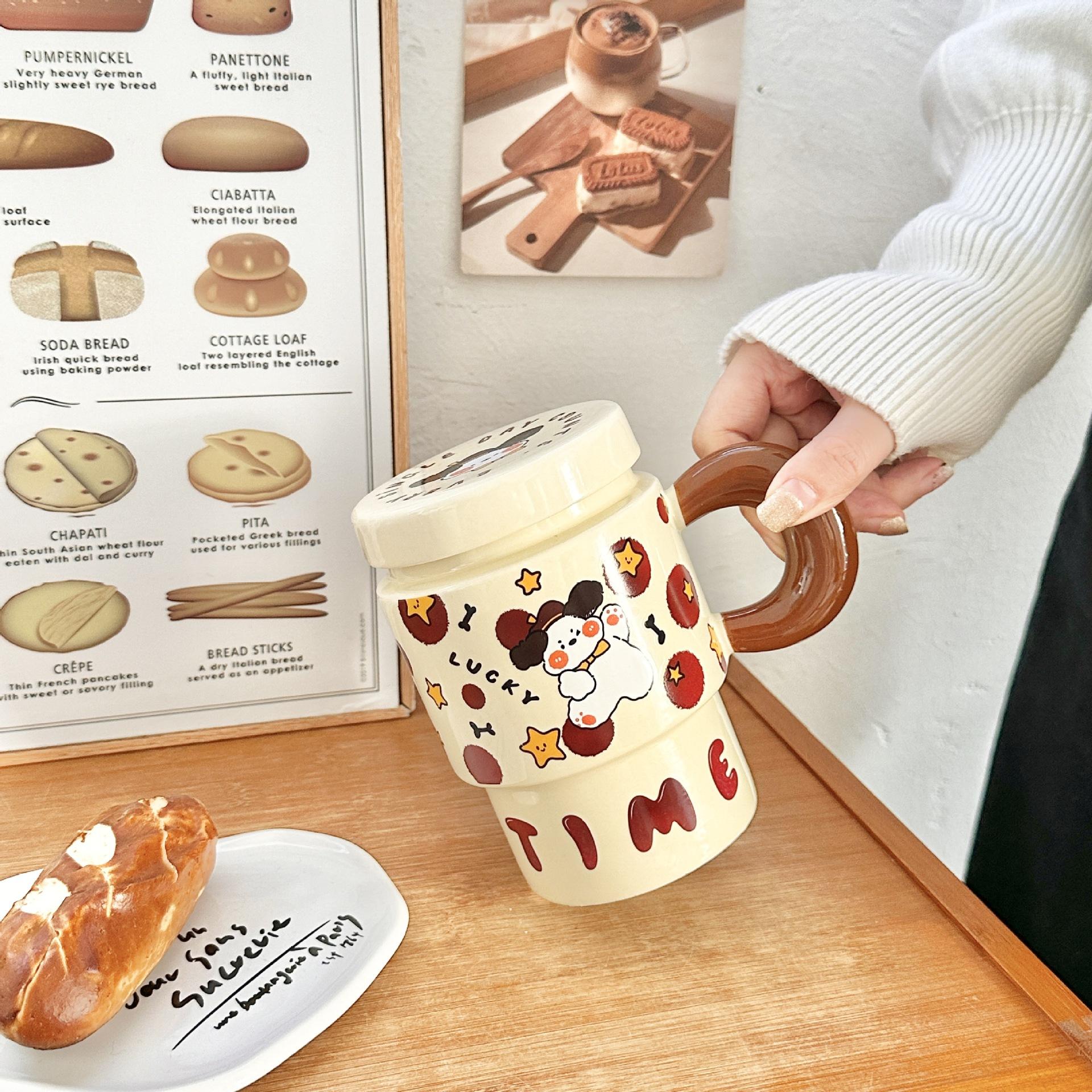 

Кружка для щенка с крышкой и ложкой, милая керамическая чашка высокого качества для девочек, домашняя чашка для воды, офисная чашка для кофе, для мужчин 301-400ml