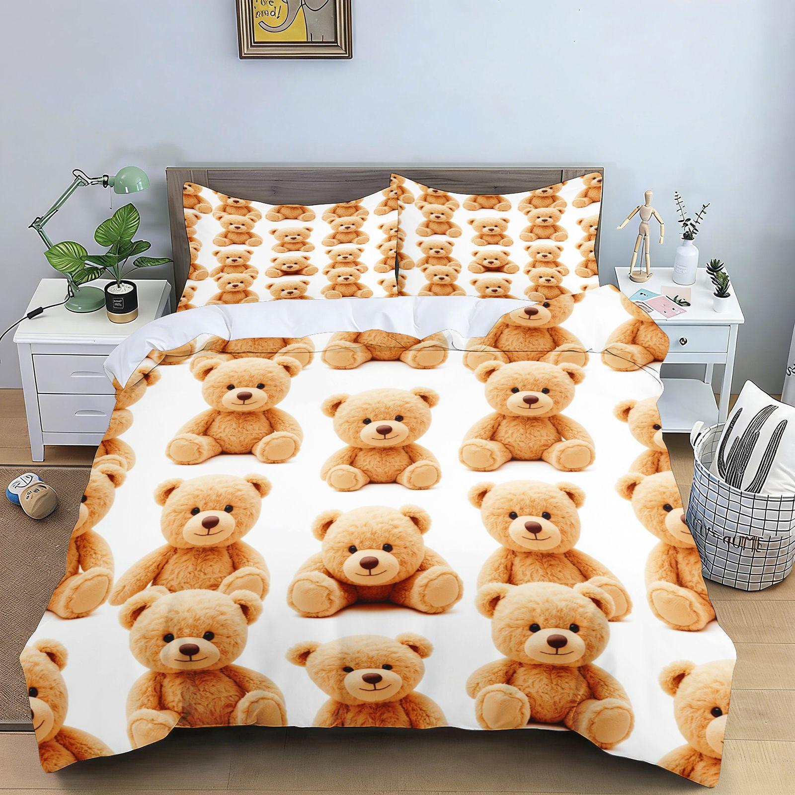 Jolie housse de couette réaliste en ours en peluche, ensemble 3 pièces, fond blanc, motif biscuits, ensemble de literie pour enfants avec taies d'oreiller 90X200CM beige