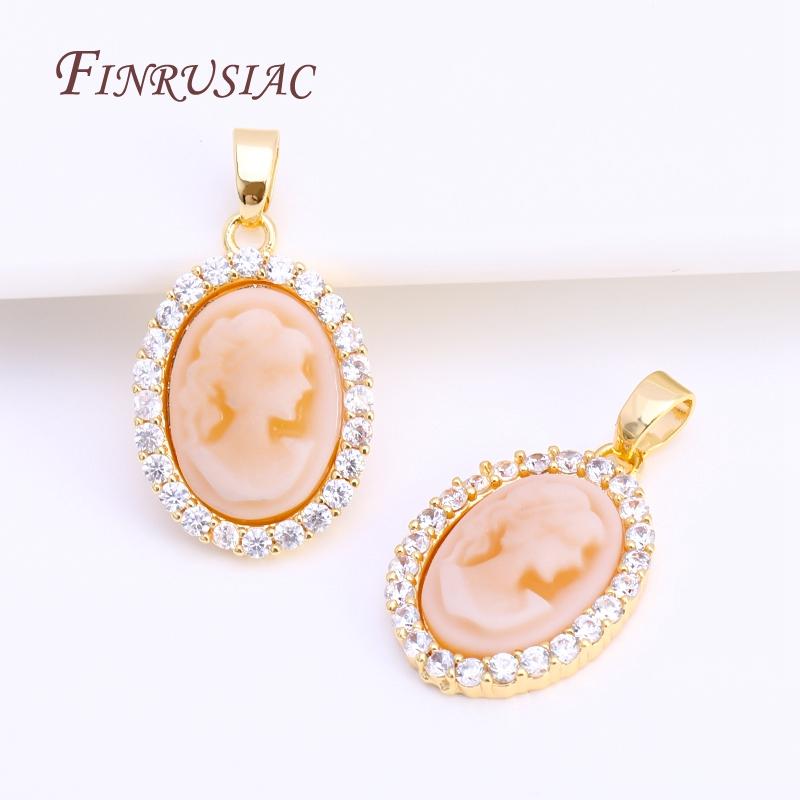 3 Colors Inlaid Zircon Oval Cameo Pendants For Necklace Making,18K Real Gold Plated Connector Charm For DIY Bracelet Material