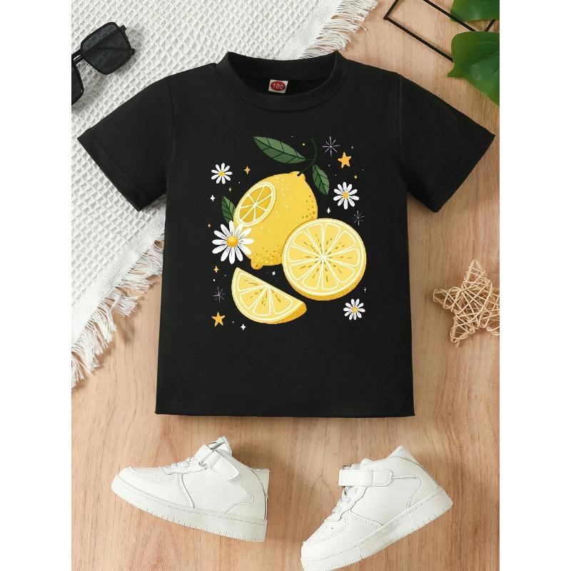 European Size Girls Round Neck Short Sleeved T Shirt with Summer Sea Salt Lemon Pattern Print