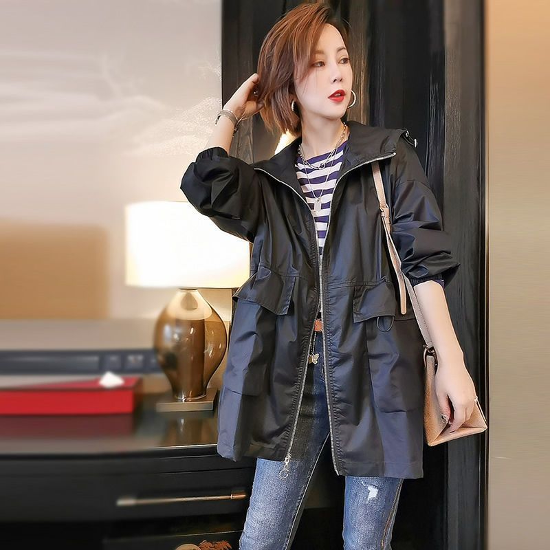 

Women Windbreaker Coat Spring Autumn Tooling Hooded Mid Loog Outerwear Loose All-Match Female Windbreaker Casual Tops XS чорний
