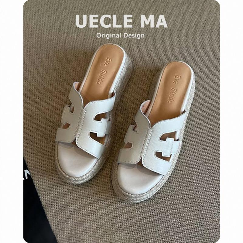 Sheepskin version~ thick-soled leather wedge slippers women's summer wear with skirts to increase height and not tire feet cool slippers