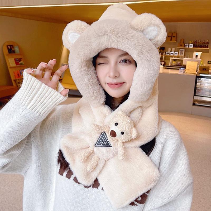 Bear Ear Hat Scarf Integrated for Women's Autumn and Winter Korean Version Versatile Cute Hooded Plush Warm Hat Trendy Lei Feng Hat
