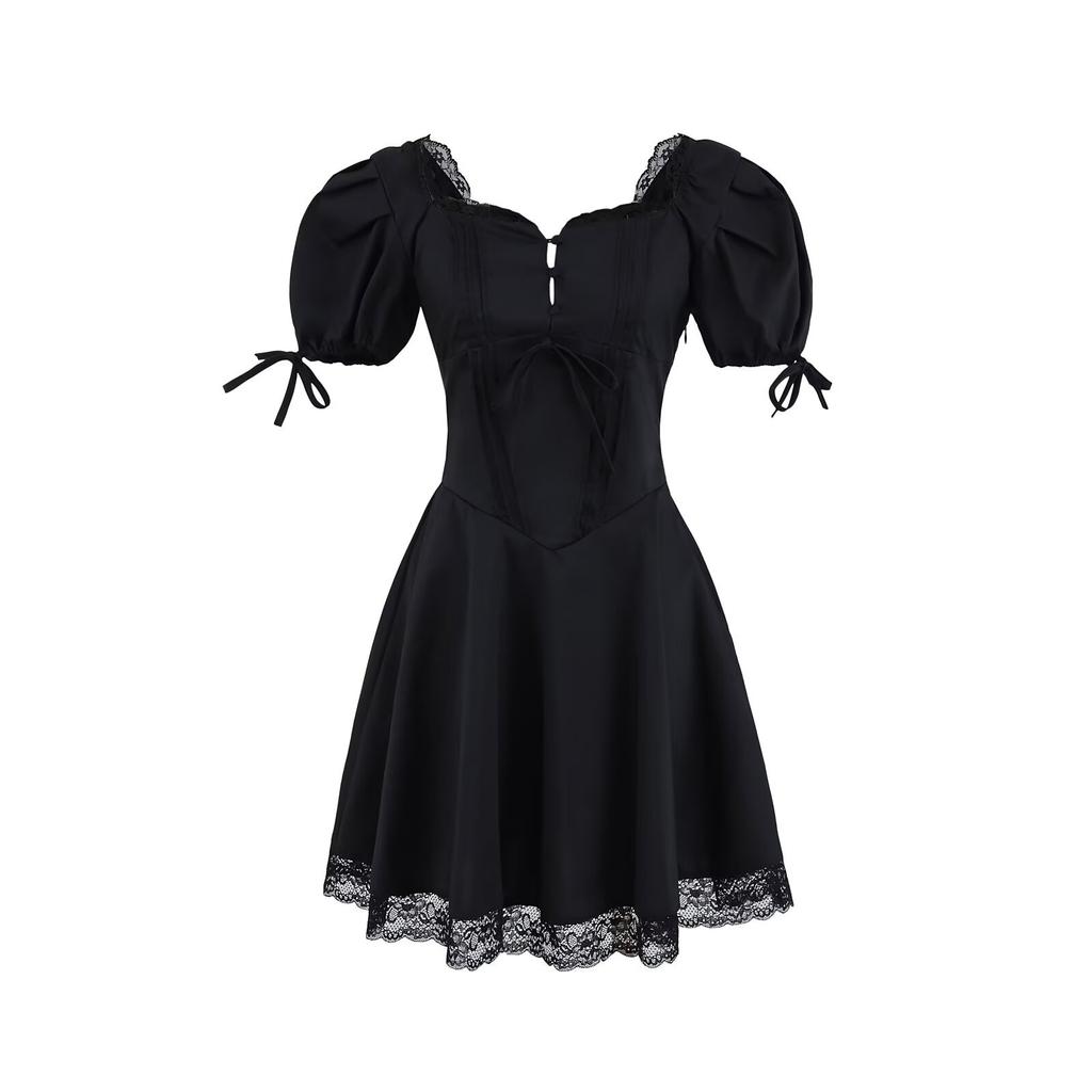 Spring and summer new European and American style vacation waist strap square neck lace splicing dress short skirt women