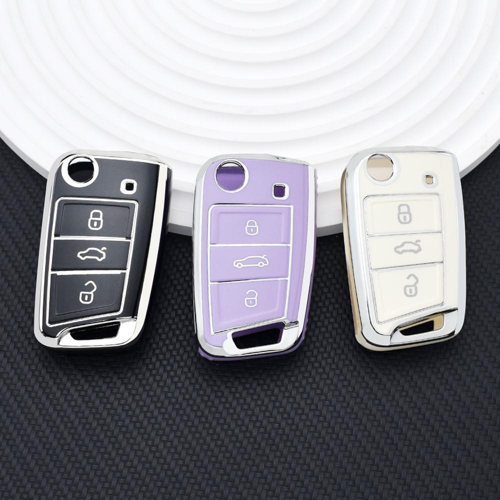 Husă de cheie pliabilă TPU moale cu margine argintie, husă protectoare pentru VW Volkswagen Polo Golf 7 MK7 Tiguan pentru Skoda Octavia A7 SEAT