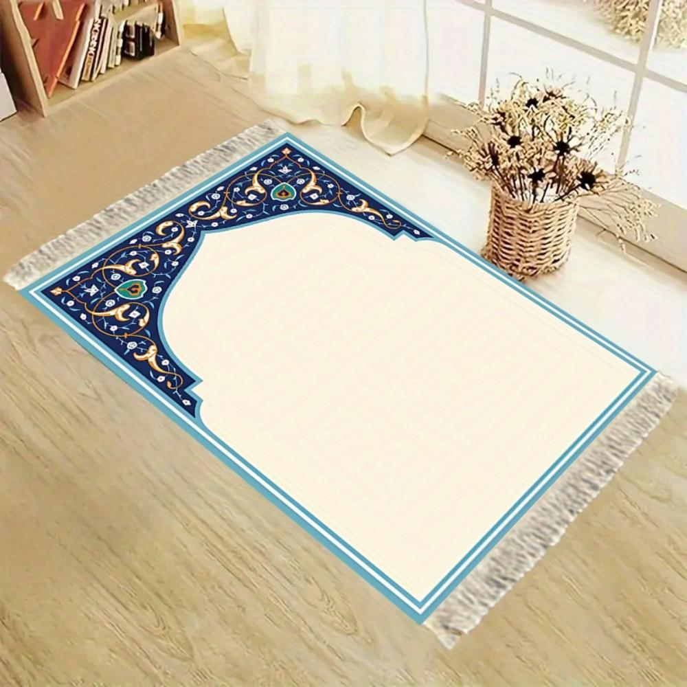 Tapis de prière musulman de luxe, Tapis à motif floral rouge, Tapis de voyage pliable avec pompons pour l'extérieur et l'Aïd du Ramadan, Mubarak