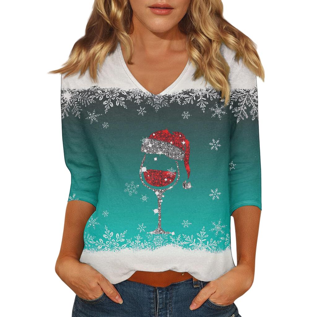 Women's Casual Fashionable Sexy Comfortable V-Neck Christmas Three-Quarter Sleeve Top